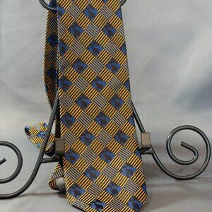 Robt Talbott Best Class 100% Silk Handsewn Tie Gray, Gold, Blue, Blk Weave 59x3
